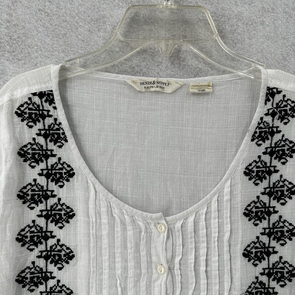 Denim & Supply Ralph Lauren Women Top LARGE Ivory Blouse Peasant Boho Embroidery - Picture 6 of 14